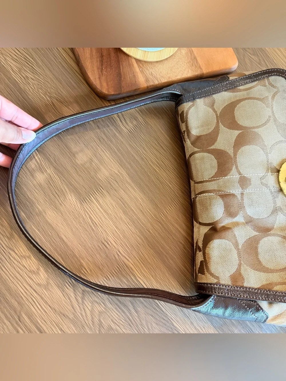 Coach Brown Signature Canvas Shoulder Bag with Gold-Tone Turnlock
